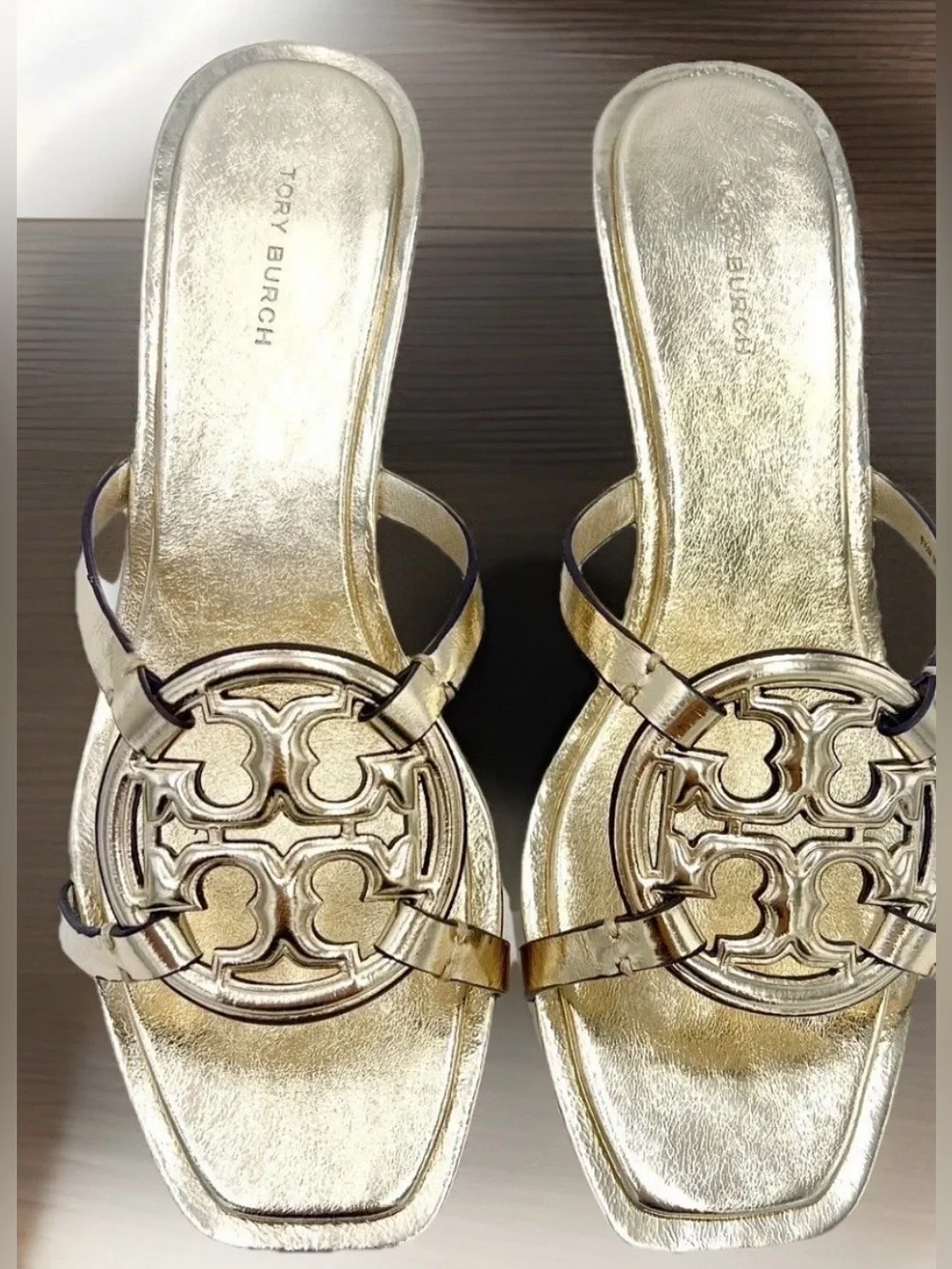 Tory Burch Metallic Gold Logo Kitten-Heel Slide Sandals